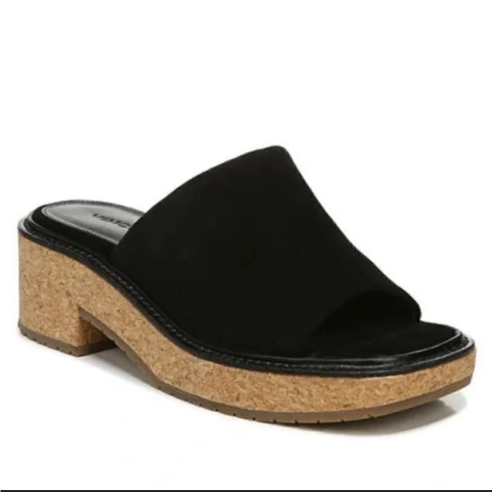 Vince Maddy Black Suede Mules Slides Block Heel Platform Sandals Sz 9.5 M NWOB